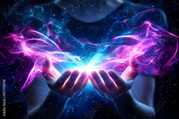 Fototapeta person with hands outstretched, surrounded by vibrant cosmic energy, symbolizes healing and connection to universe. colorful light creates mystical atmosphere