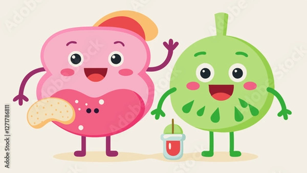 Fototapeta Cute Kawaii Fruit Characters Smiling Apple and Peach with Pastel Colors and Cheerful Expressions