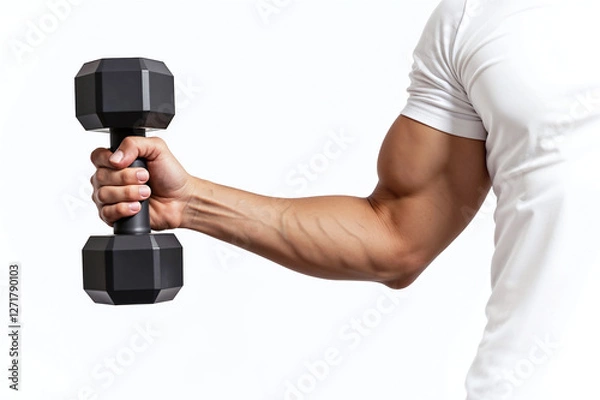 Fototapeta Muscular man's hand lifting a dumbbell with one arm, lifting weights for bodybuilding, isolated on a white background