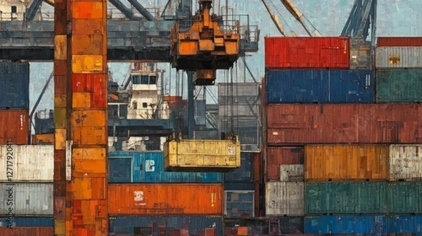 Fototapeta A Vibrant Port Scene: Colorful Shipping Containers and Modern Machinery