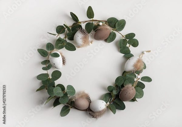 Fototapeta Natural round frame with decorative eggs and branches of eucalyptus. Easter background in earth colours, copy space for your text.