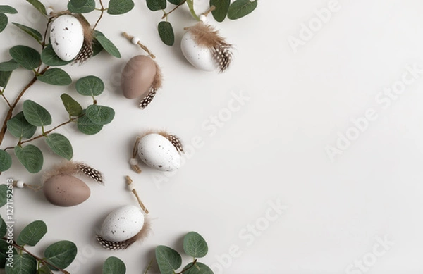 Fototapeta Easter background  in natural colours with decorative  eggs and branches of eucalyptus. Copy space for your text.