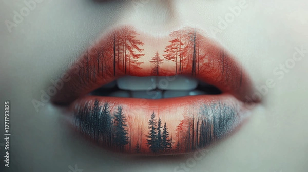 Fototapeta Colorful lips adorned with a forest landscape create an artistic visual in surreal makeup artistry