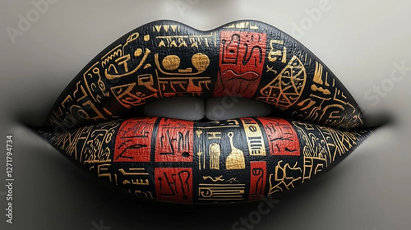 Fototapeta Unique black and gold lip art featuring ancient symbols and hieroglyphics showcases creative expression in modern art