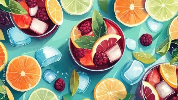 Fototapeta Colorful fruit cocktails with ice cubes and vibrant citrus garnishes on a turquoise background in summer. Generative AI