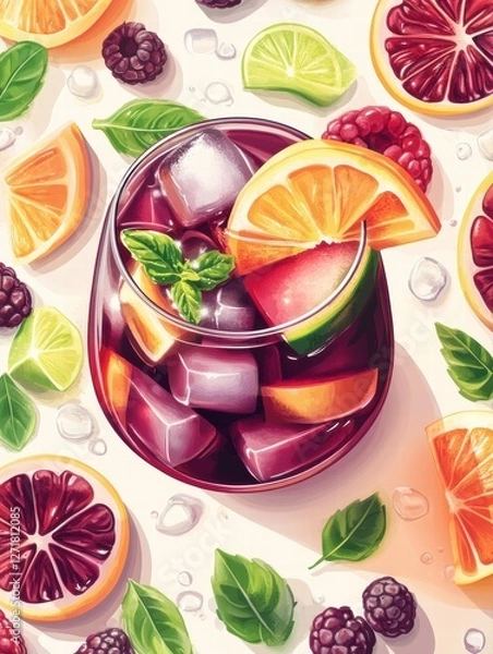 Fototapeta Refreshing fruit cocktail with colorful garnishes and ice on a bright background. Generative AI