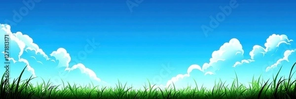 Fototapeta Bright blue sky with fluffy clouds above green grass, ideal for nature-themed designs.
