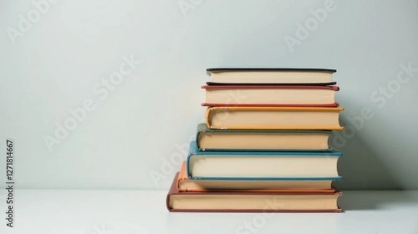Fototapeta A neatly stacked collection of various colored books rests on a plain white surface against a light-toned backdrop, suggesting a quiet moment of reading or study.