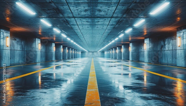 Obraz The basement room on the bottom floor of the building's parking lot is empty in an industrial cast concrete style. Abstract modern minimal background.