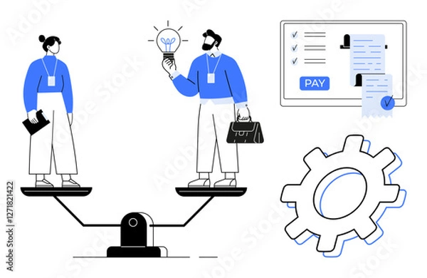 Fototapeta Businesswoman and businessman balancing on scales with lightbulb idea, financial document, and gear representing tasks and payment. Ideal for leadership, decision-making, equality, innovation