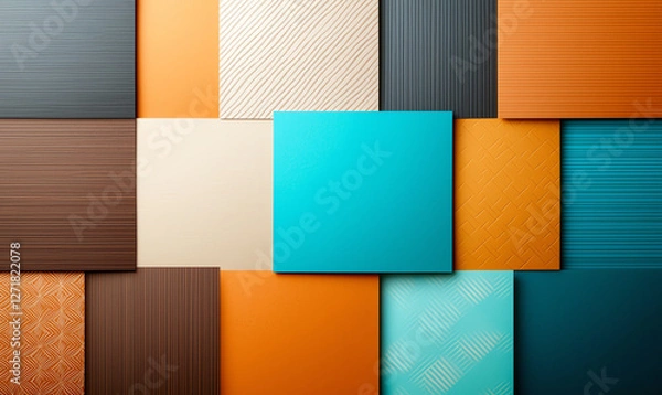 Fototapeta Vibrant textured panels in orange, teal, and brown create modern aesthetic. arrangement showcases various patterns and colors, perfect for design inspiration