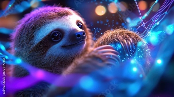 Obraz Adorable Sloth in a Vibrant Neon Glow, Surrounded by Abstract Lights and Shapes