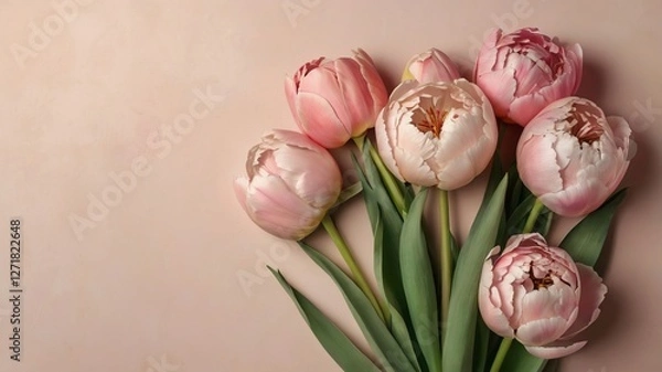 Fototapeta Peony Tulips on Pastel Background, Minimalist Flat Lay