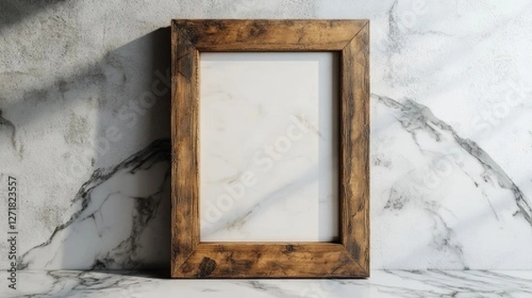 Fototapeta Rustic wooden picture frame on marble wall background. Premium frame template