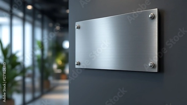 Fototapeta Name plate design mockup handing on door, 3d render. Door sign mock up template on entry in cabinet. Office hall interior with nameplate on door