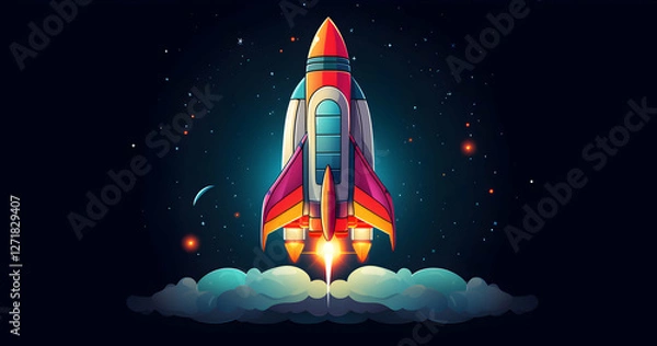 Obraz Colorful rocket launching into space with vibrant flames and stars in the background capturing the thrill of exploration and adventure in a cosmic setting