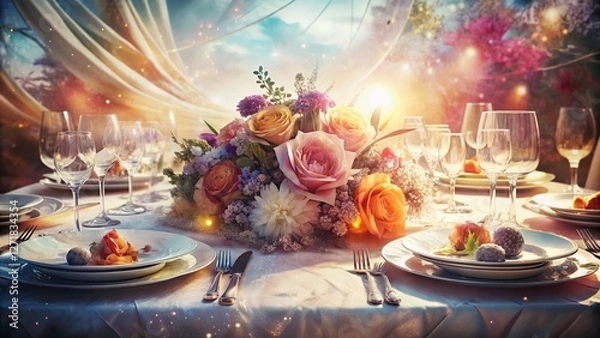 Fototapeta Elegant Double Exposure: Fine Dining Place Setting & Blooming Flowers