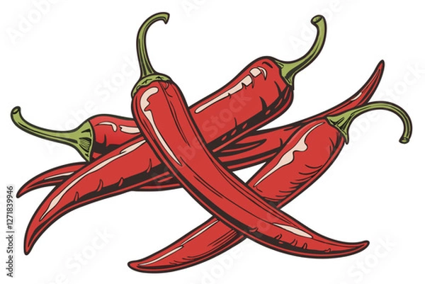 Obraz  Vibrant red chili peppers, glossy skin, green stems, sharp focus, white background, food photography, high contrast, fresh produce, spicy ingredients, culinary still life, macro detail, overlapping
