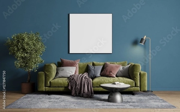 Fototapeta Frame for a poster or picture in the living room above the sofa. 3d render