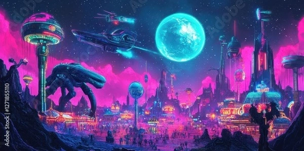Fototapeta Vibrant alien cityscape filled with futuristic buildings and spacecraft