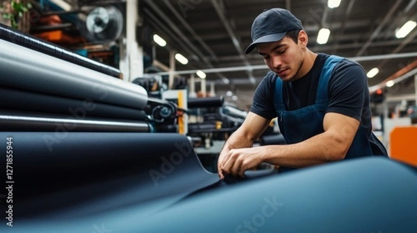 Fototapeta A US textile factory worker checking fabric quality, isolated on white,