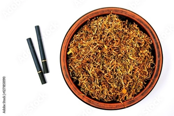 Fototapeta Fermented yellow tobacco in a brown plate on a white background and two cigarettes