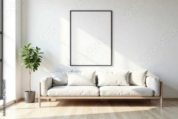 Obraz Minimalist Living Room Interior Design with a Blank Frame and Light-Colored Sofa