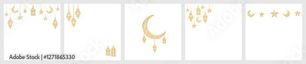 Fototapeta Ramadan or Al-Adha golden shiny decoration. Lanterns, crescent, stars. Traditional islamic border, holiday frame isolated. Square format for social media. Transparent background in vector file.
