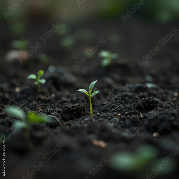 Obraz Fresh seedling growing in the fertile soil of a backyard, blurred, germinating, lush, horticultural