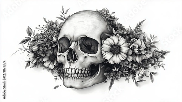 Fototapeta Intricate skull design surrounded by detailed floral arrangements creating a striking contrast in monochrome tones