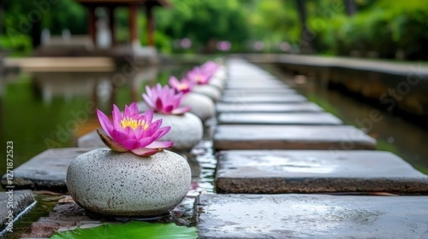 Fototapeta Serene Garden Path with Pink Water Lilies on Stepping Stones, Evoking Tranquility and Natural Beauty