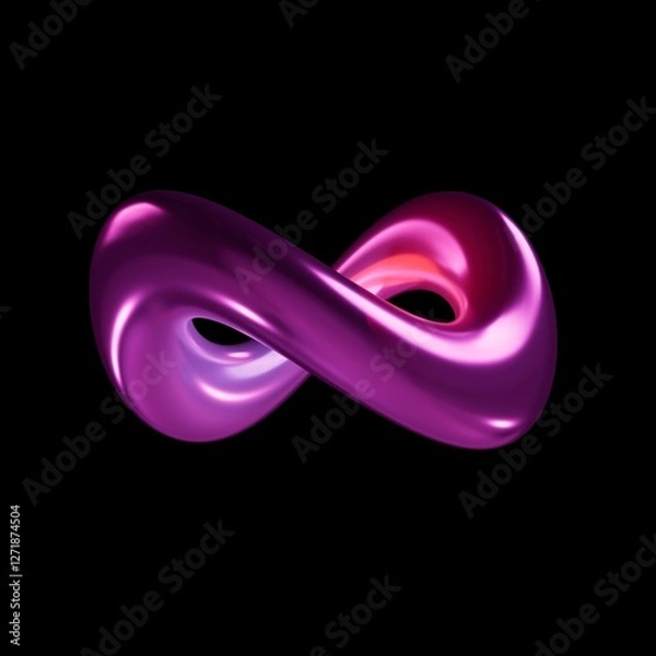 Fototapeta Futuristic 3D infinity symbol, abstract purple ribbon with stand on black background, modern digital art, neon shape, geometric figure, infinity and eternity concept