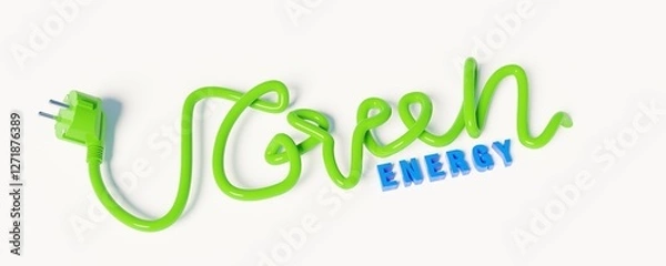 Fototapeta green energy concept. Green energy letters made of green cable with socket. Isolated ecology concept design.