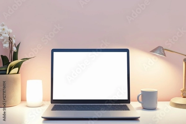 Fototapeta Blank laptop screen on white table with soft lighting in room
