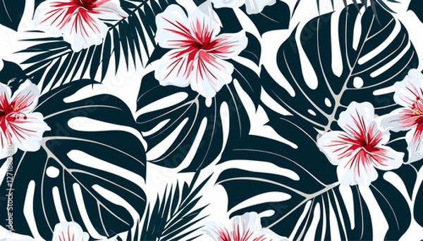 Fototapeta Hawaiian tropical flowers, Hibiscus vector, monstera palm leaves, seamless floral pattern, vector wallpaper, tropical design, exotic style, palm leaves decor, island paradise print