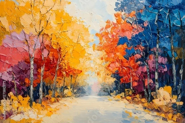 Fototapeta Vibrant Autumn Forest Road: A Colorful Landscape Painting