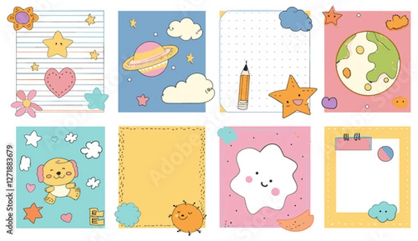 Fototapeta Cute notebook sheets vector, simple scribble elements, social media post template, dog, planet, star, cloud, flower, pencil, arrow, stroke, frame, kid-friendly design, playful style
