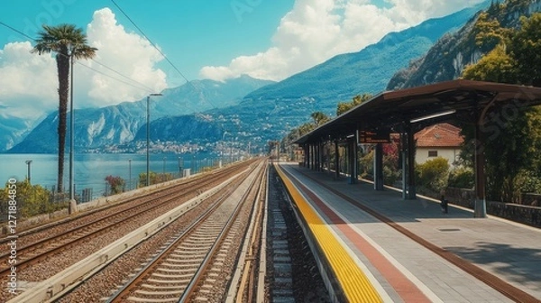 Fototapeta A scenic shot of a train station located in a picturesque setting, such as near mountains or by the sea, highlighting the connection between travel and landscape.