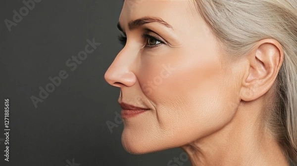 Fototapeta A side profile of a -year-old woman with a smooth and even complexion, showing subtle signs of aging and emphasizing her timeless beauty in a classic setting.