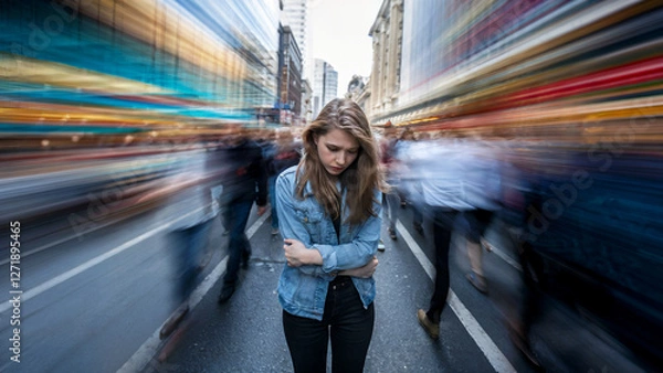Fototapeta Alone woman in crowded city street