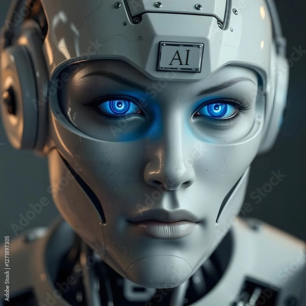 Fototapeta A futuristic, humanoid robot with realistic skin texture and a blue glowing eye.