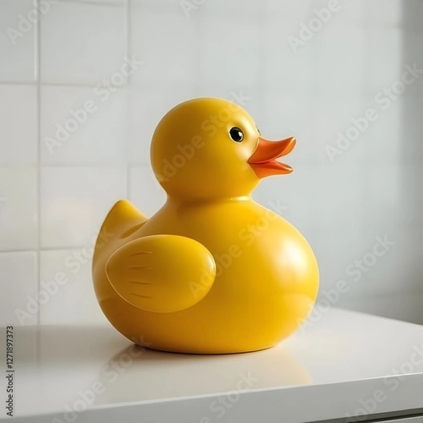 Fototapeta An oversized yellow rubber duck sitting on a white countertop.