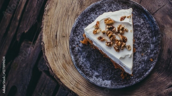 Obraz A Slice of Carrot Cake Perfection: Creamy Frosting, Crispy Walnuts, and Rustic Charm