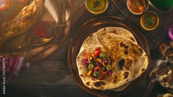 Obraz Aromatic Indian Flatbread with Vegetable Filling: A Culinary Masterpiece