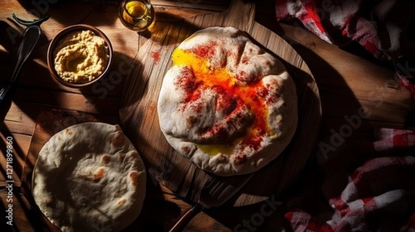 Obraz Exceptional Artisan Flatbread with Hummus, A Culinary Masterpiece