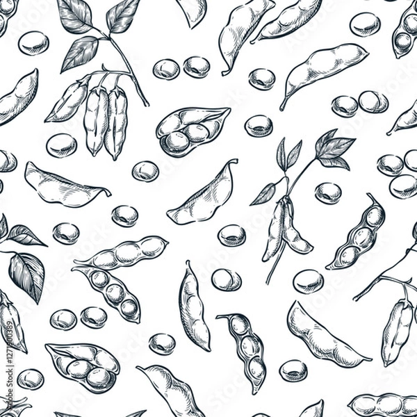 Fototapeta Soybean seamless pattern. Hand drawn sketch vector illustration of soya beens, pod on green plant and seeds