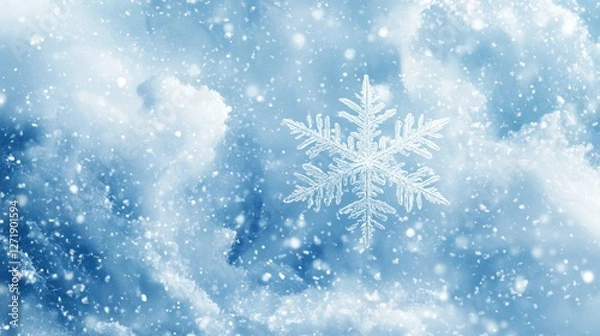 Obraz Beautiful snowflake falling gently against soft cloudy blue background