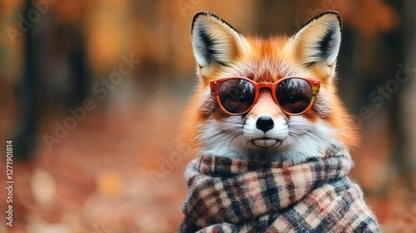 Fototapeta Fox wearing sunglasses and a plaid scarf in a forest during autumn foliage. Generative AI
