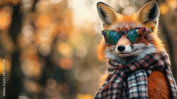 Fototapeta Stylish fox wearing sunglasses and a scarf poses in a vibrant autumn forest with colorful leaves. Generative AI