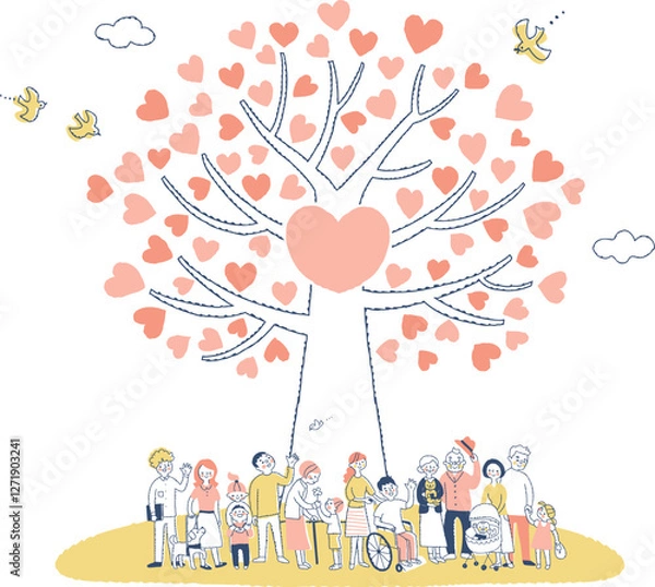 Fototapeta ピンクのハートの木と人々